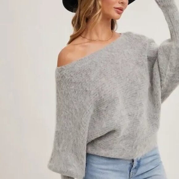 CLEAR OUT!!! Boat Neck Dolman Sleeve Ribbed Fuzzy Knit Sweater - Picture 10 of 10